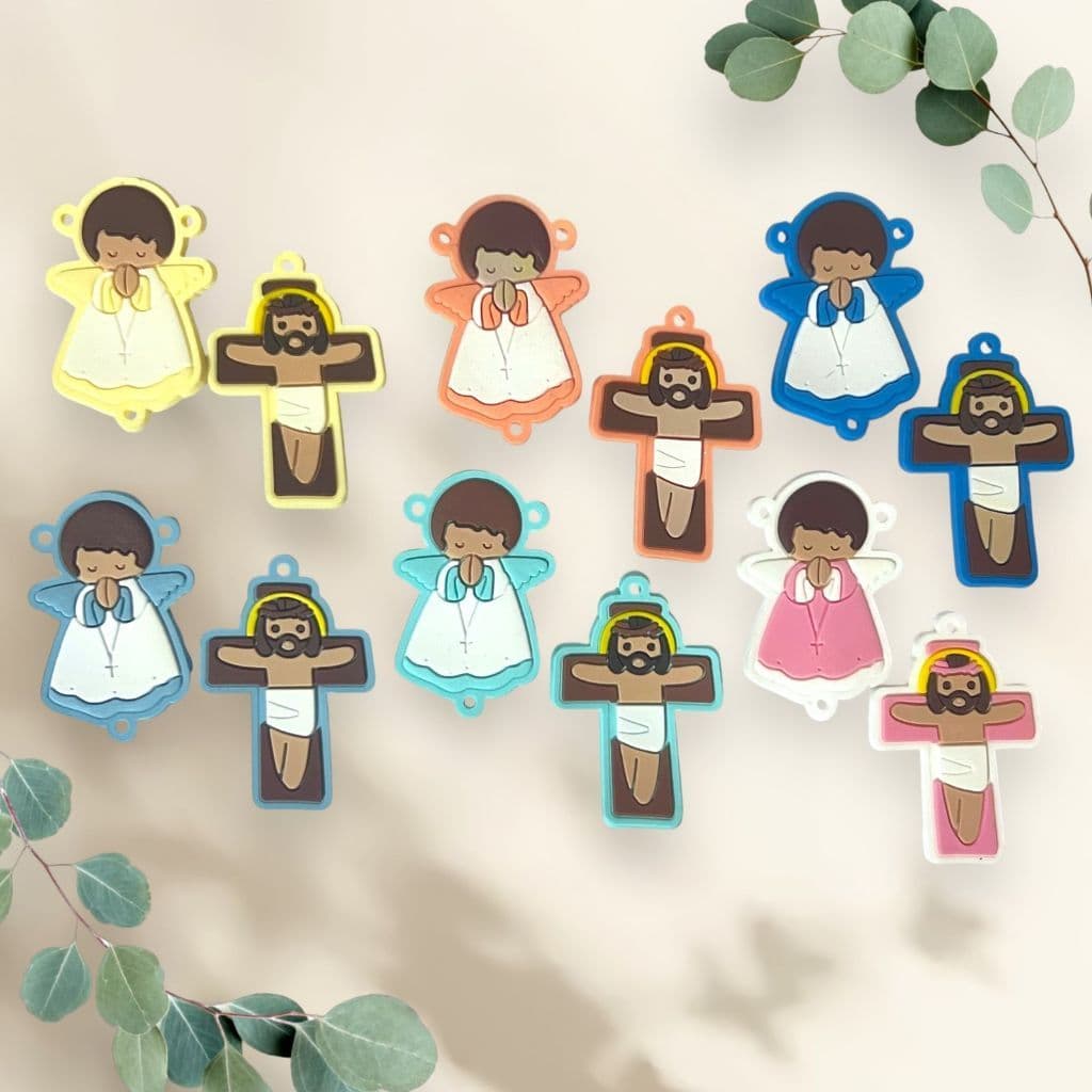 12 Unidades (6 Pares) de Entremeio Anjinho e Cruz emborrachados | Aplique para terços Artesanato