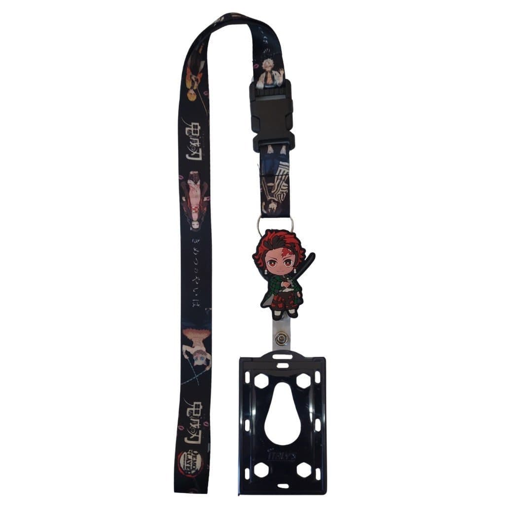 Kit Chaveiro Cordão Fecho Engate Rápido Crachá Demon Slayer + Porta Crachá Retrátil + Porta Cartão Preto