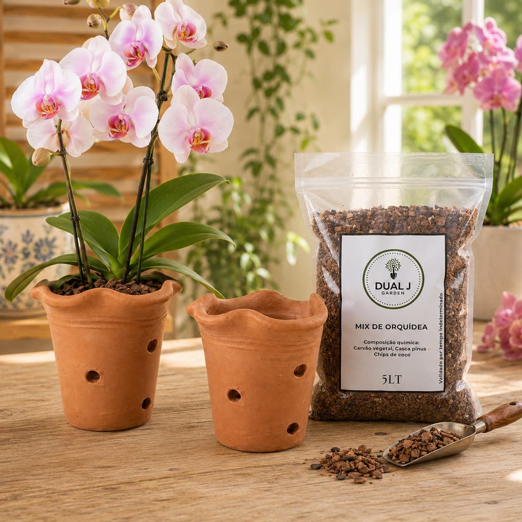 Kit 2 Vaso + Mix de Orquídea 5LT Substrato para Orquídeas com Casca de Pinus, Carvão Vegetal e Chips de Coco