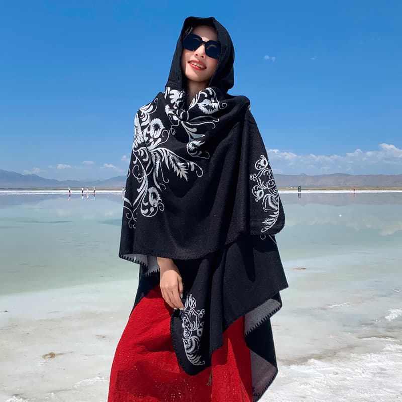 [Nova chegada] cachecol de malha com capuz feminino étnico viagem fotografia moda quente Split xale manto