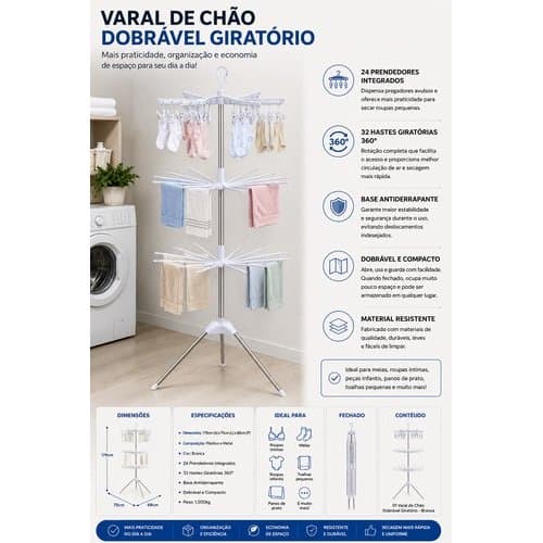 Varal Dobrável Giratório Econômico Compacto Resistente