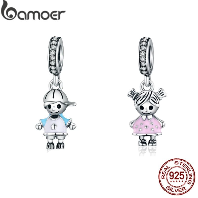 Bamoer 100% Prata Esterlina 925, Pingente Estilo Casal Menina e Menino, Adequado para Pulseira de Meninas, Joias DIY Scc
