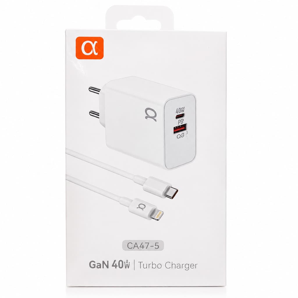 CA47-6 Carregador Turbo 40W com cabo Tipo C para Tipo C Fonte 2 Entrada USB e USB C carregamento rápido