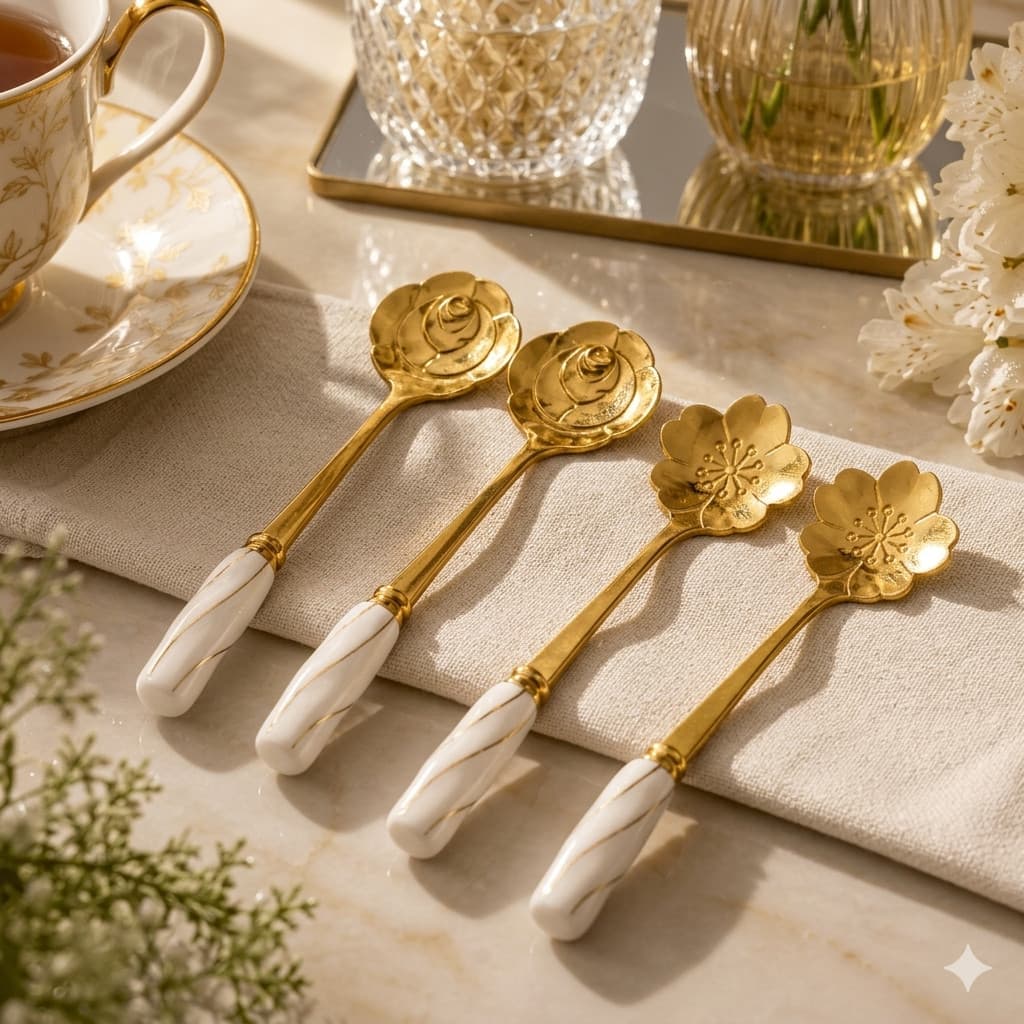 Conjunto 4 Colheres de Chá em Aço Inox com Cabo de Cerâmica Flowers Wolff
