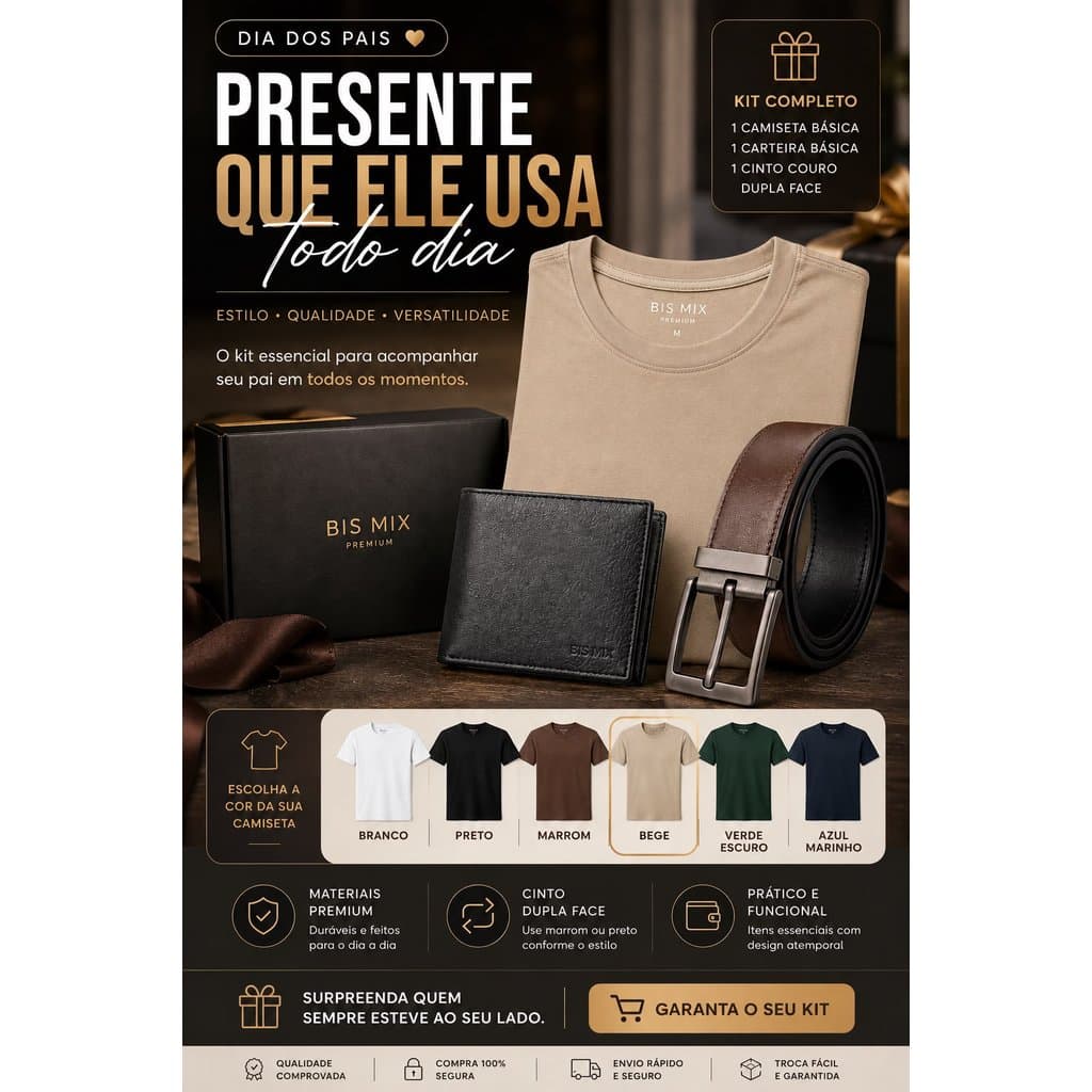 KIT 3 EM 1 DIA DOS PAIS CAMISETA + CARTEIRA + CINTO - PRESENTE DOS PAIS