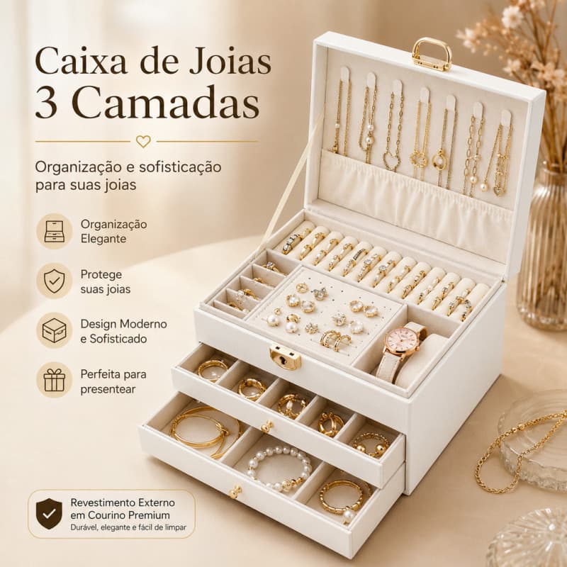 Caixa de Joias 3 Camadas Porta Joias Grande Couro Veludo Organizador com Gavetas e Fecho Metálico