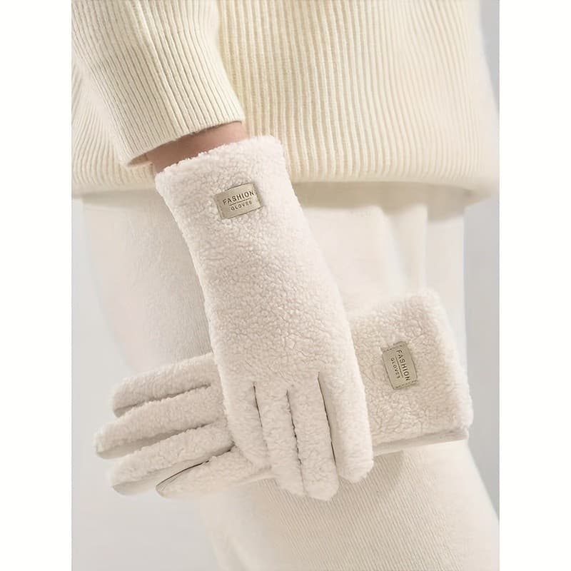 1 Par de Luvas Femininas Teddy de Pelúcia com Toque Sensível ao Toque, Luvas Térmicas de Outono/Inverno, Luvas de Dedo D