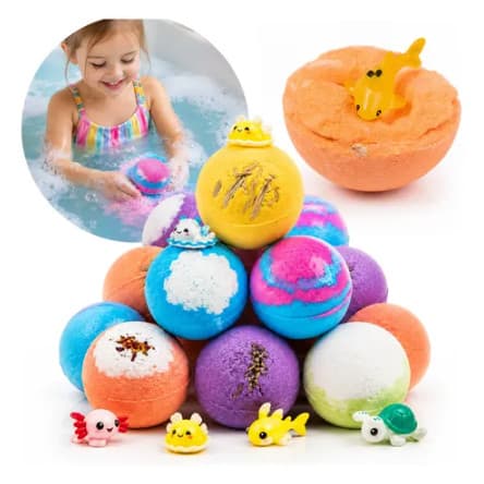 Kit 12 Bolas Efervescentes Aromáticas Para Banho Infantil com Brinquedo Animais Surpresa