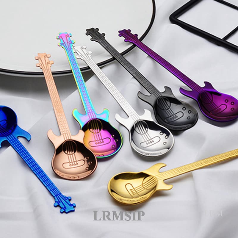LRM 7Pcs Colher De Café Fofa De Aço Inoxidável Em Forma De Guitarra Agitadora Para Sobremesa De Açúcar Ferramenta Beber