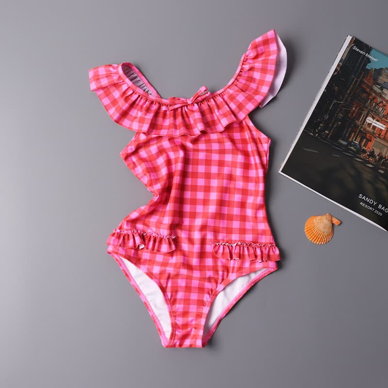 Maiô de uma peça para meninas de comércio exterior respirável à beira-mar férias maiô menina rosa estilo xadrez