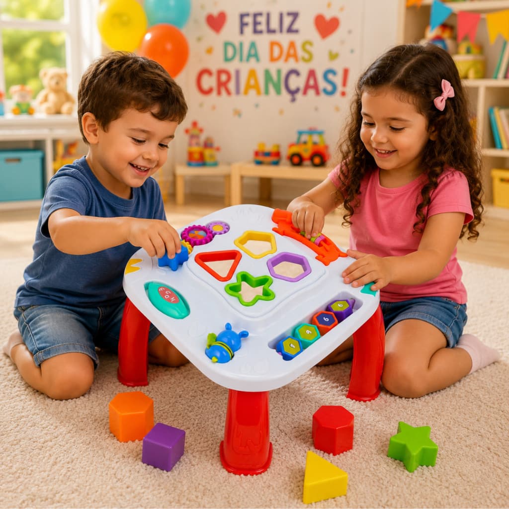 Mesinha Didática Pedagógico Desenvolvimento Infantil Educativa Interativa Blocos Encaixe Formas Engrenagens Coordenação