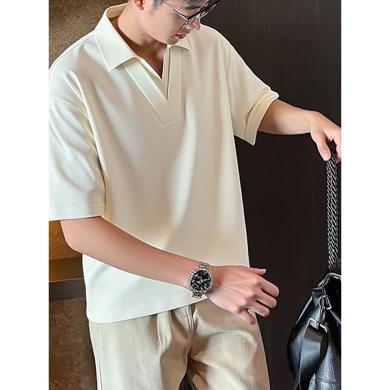 Verão fresco sentimento duplo com decote em V camisa POLO de manga curta estilo masculino lapela costura falso de duas p