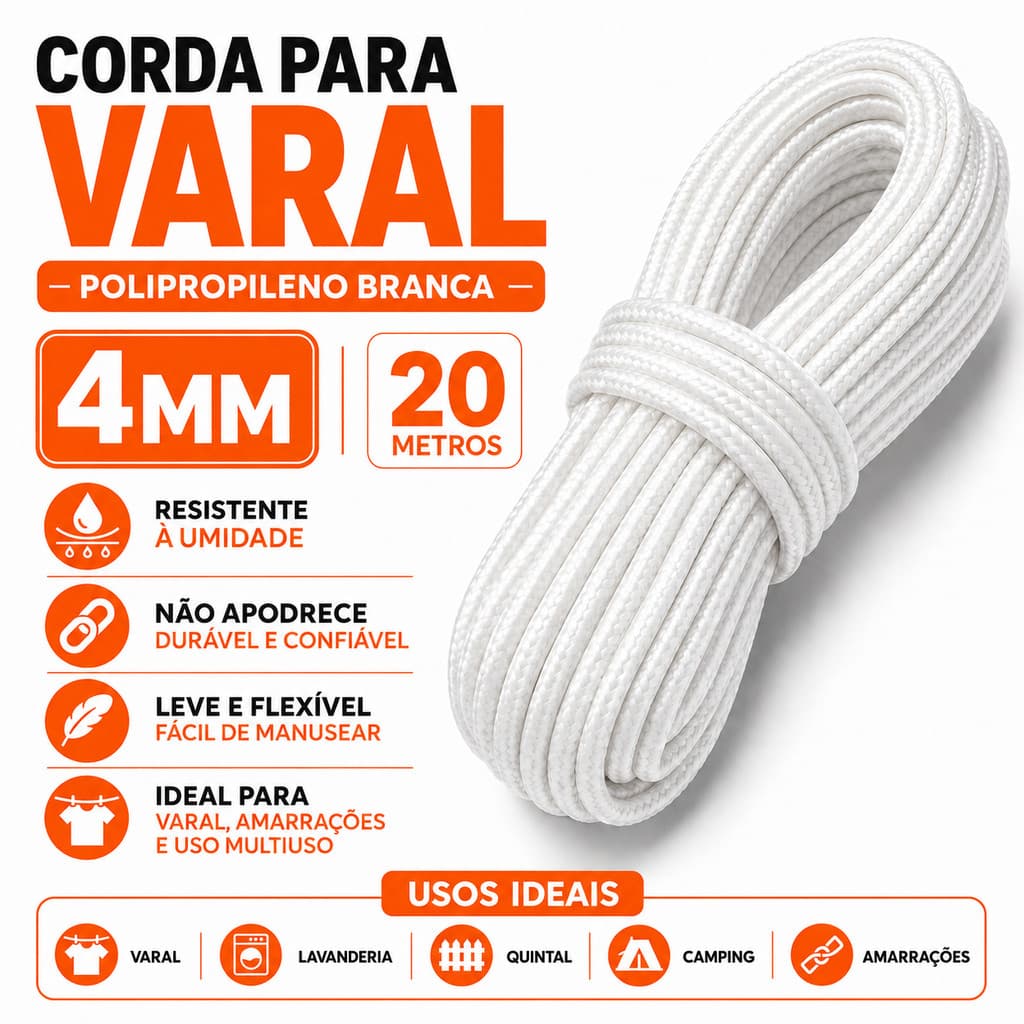 Corda  4mm Reforçada para Varal Roupas Amarrações e Quintal Apt 20 Metros