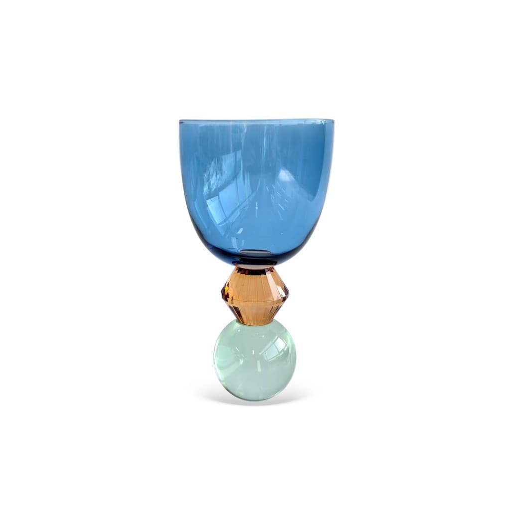 Cj.6 Taças Vidro Azul Base Diamantada Ambar e Esfera Verde de Cristal 360ml BTC