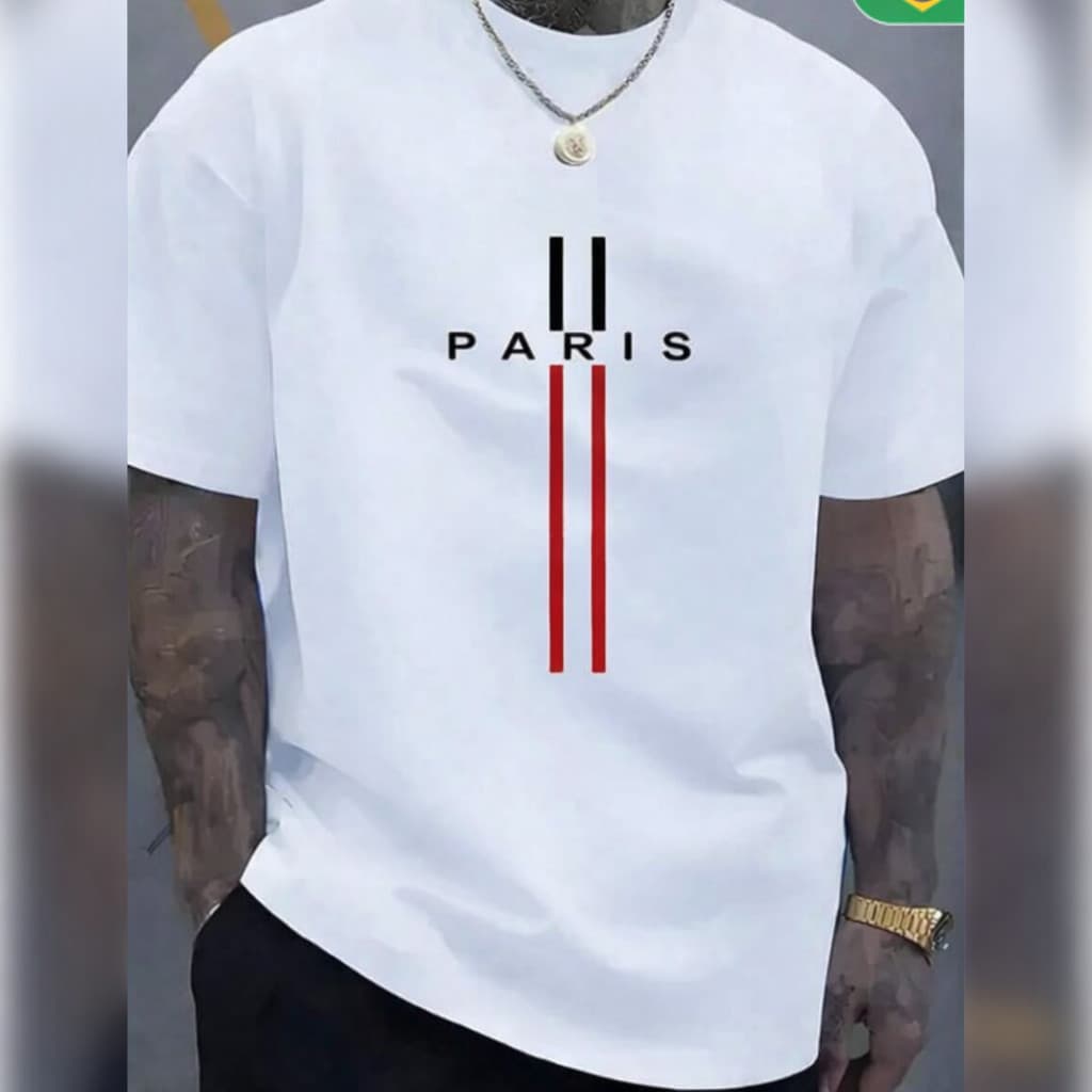Camiseta Masculina Estampa Paris Vertical, camiseta 100% algodão, camiseta básica, Paris vertical