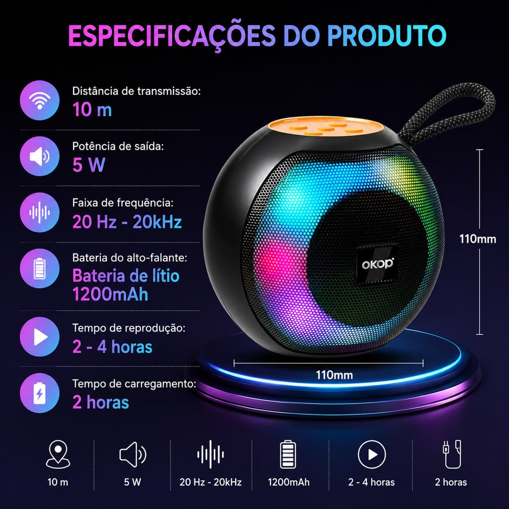 Caixa de Som Bluetooth Portátil 5W RGB com Bateria 1200mAh, Som Potente Hi-Fi, Alcance 10m, Luz LED Colorida