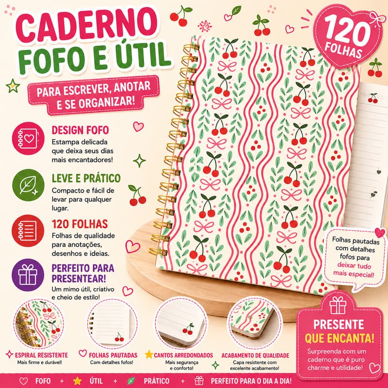 Caderno Espiral Cerejas 120 Folhas Universitário Fofo para Escola Anotações e Estudos