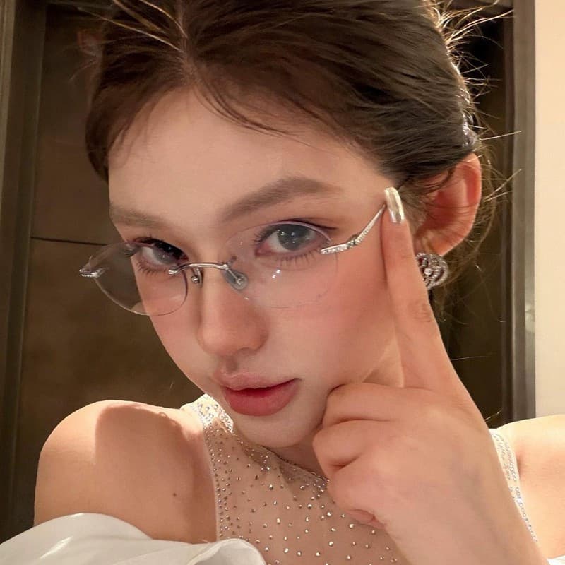Moda Coreana Oval Diamante Cravejado Óculos Sem Moldura Armação De Prata Feminina
