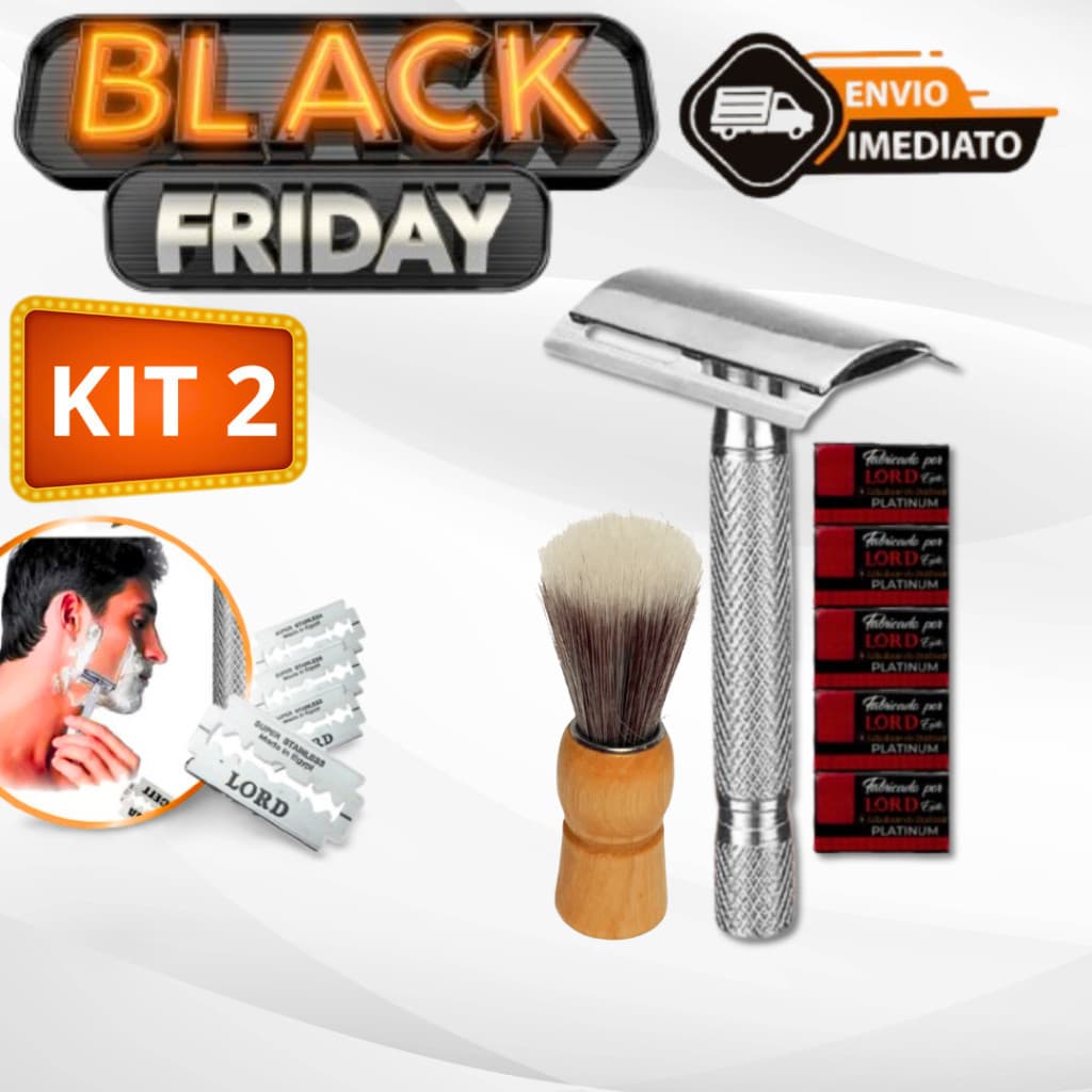 Kit Aparelho De Barbear Barbeador Metal Recarregável Com Lâmina Retrô + 25 Lâminas Lord Platinum + Pincel