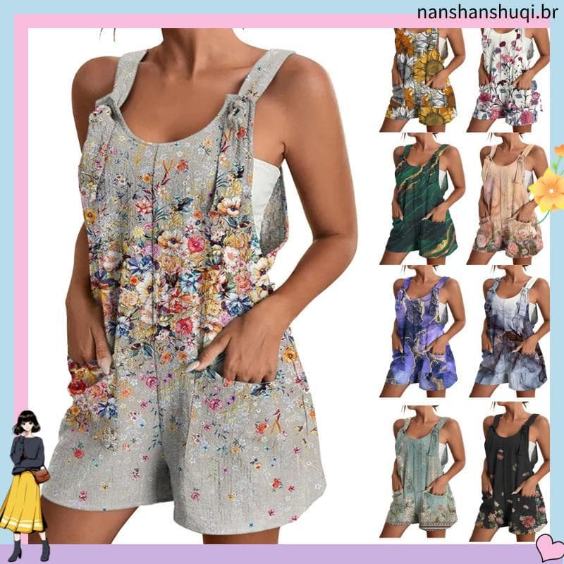 Plus size Feminino E # 39macacão Curto Sem Mangas Moda floral Impressão cas ual Bolsos Soltos Macacão De Verão L-5XL