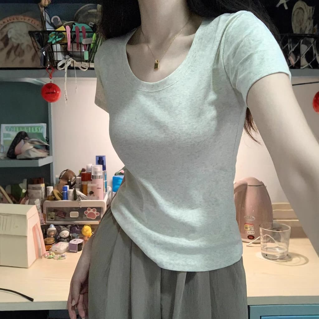 Contendo Design de algodão em torno do pescoço de manga curta camiseta feminina verão novo estilo doce menina quente cur