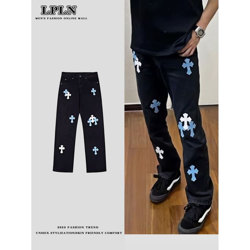 LPLN europeu americano High street Light luxo corvo cruz rotulagem Jeans influenciador mesmo estilo Casual All-Match fri