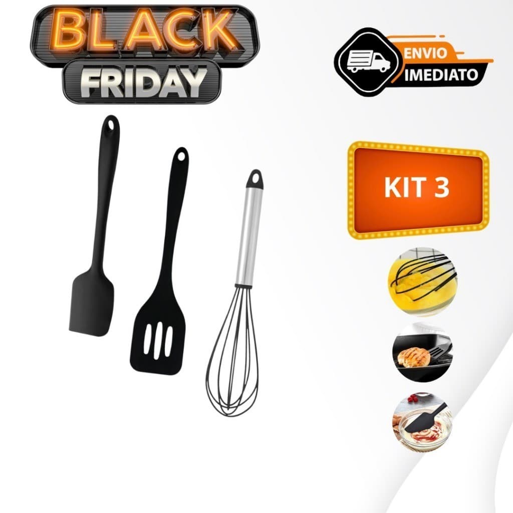 Conjunto Kit Silicone Utensilio Cozinha Batedor Fouet Espatula Reta e Vazada