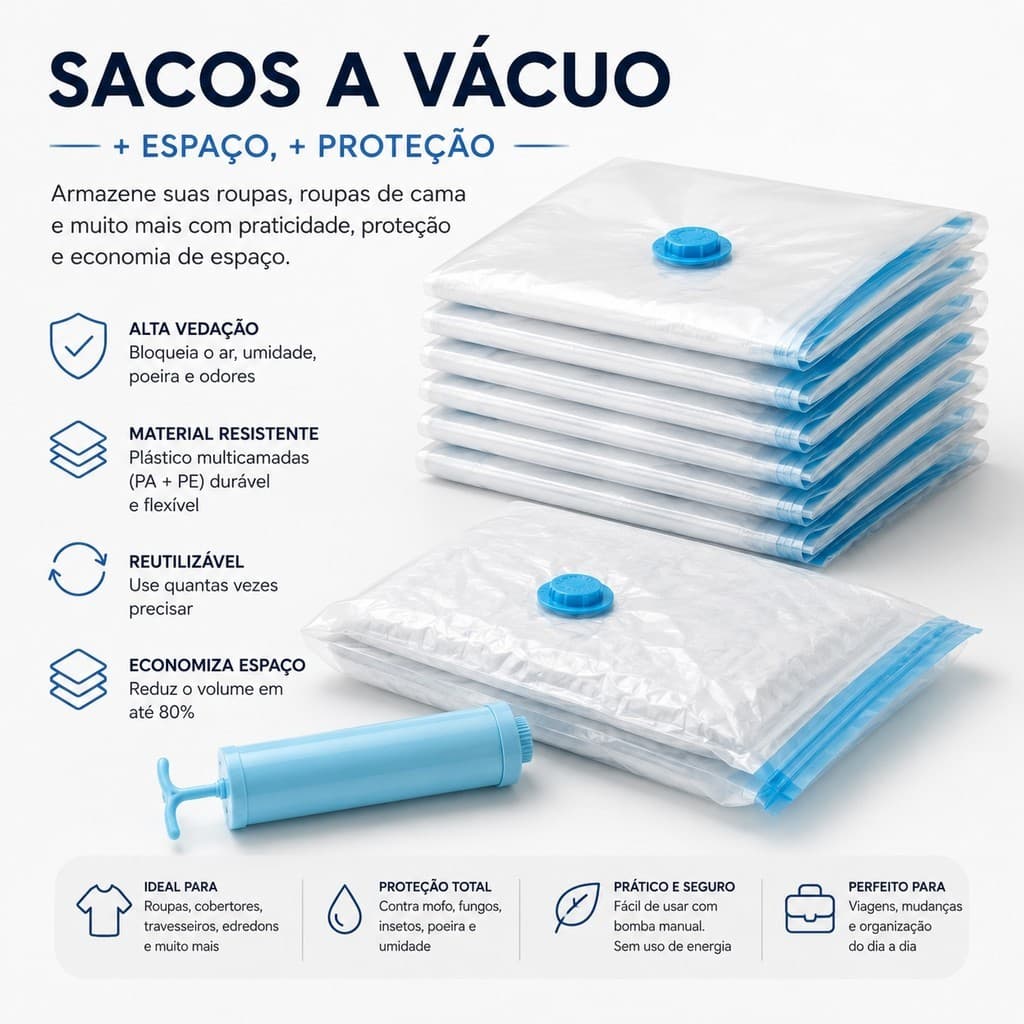 Saco a Vacuo para Roupas Diversas Medidas Saco a Vácuo para Viagem Bomba Elétrica ou Manual