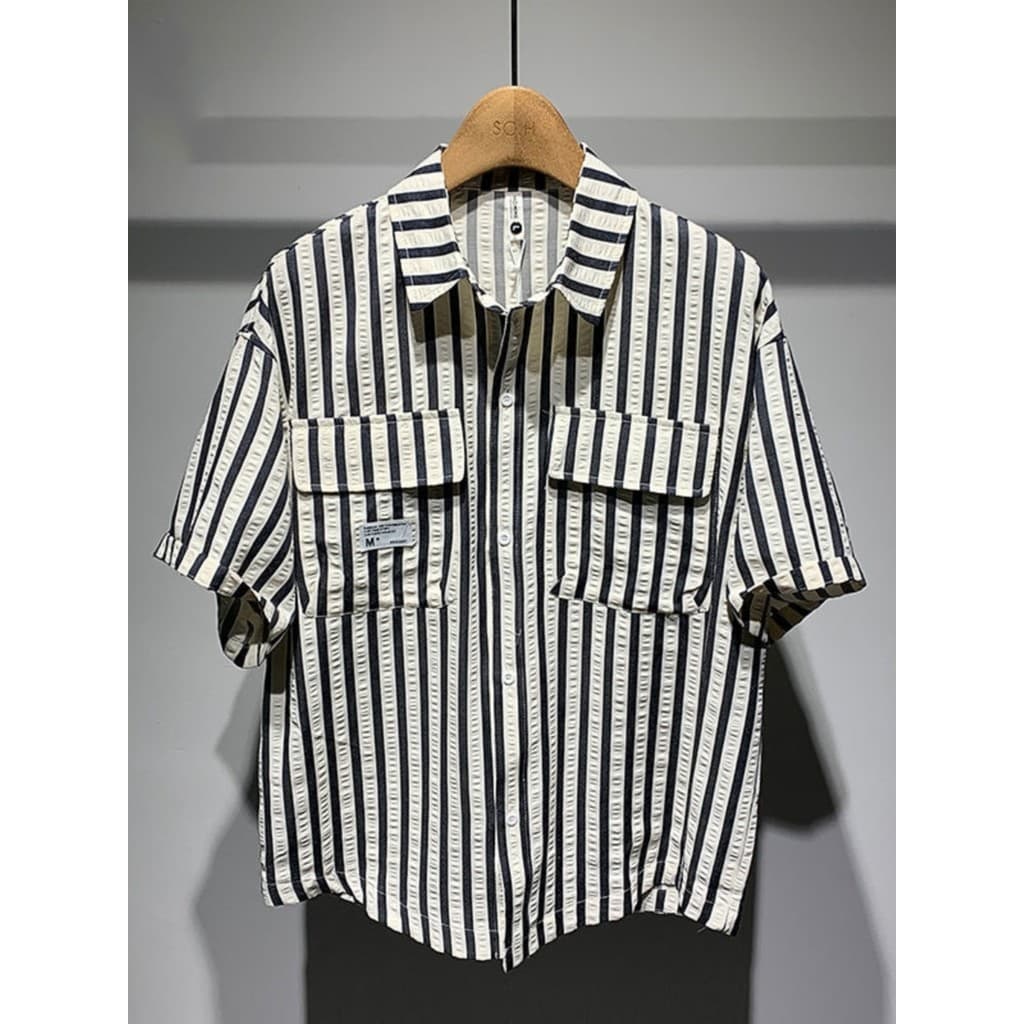 Verão novo estilo masculino 2024 estilo Hong Kong moda costura All-Match listrado Design camisa respirável de manga curt