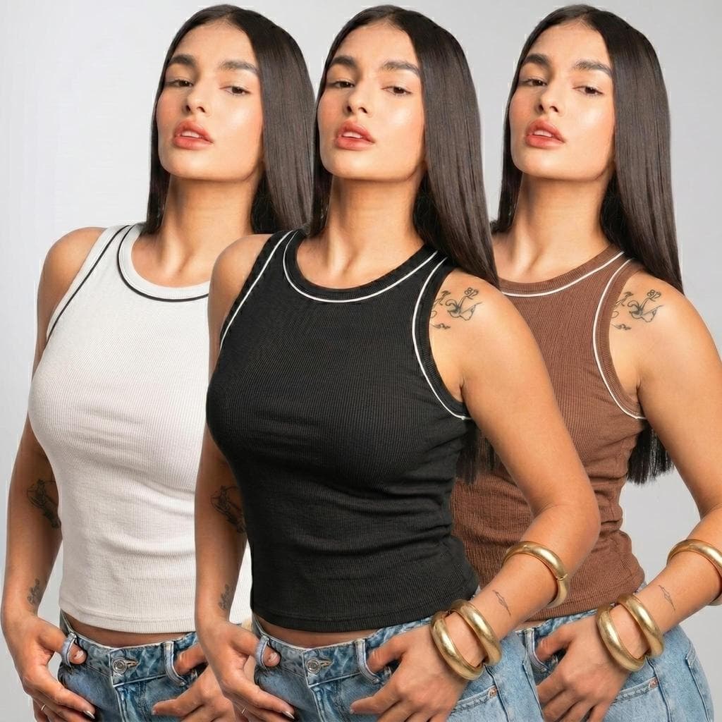 Kit 3 Regatas Femininas Caneladas Ribana Lisa e Listrada | Blusa Básica Casual