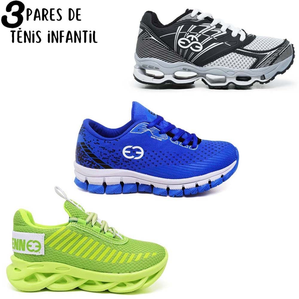 Kit 3 Tênis Infantil Modelos Diferentes Coloridos Confortáves Resistentes