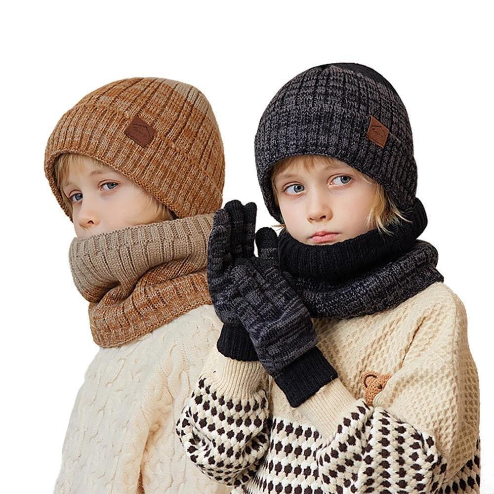 Conjunto de Inverno para Crianças: Gorro, Cachecol e Luvas, 2 ou 3 Peças, para Meninos e Meninas, Gorro Forrado de Lã, E