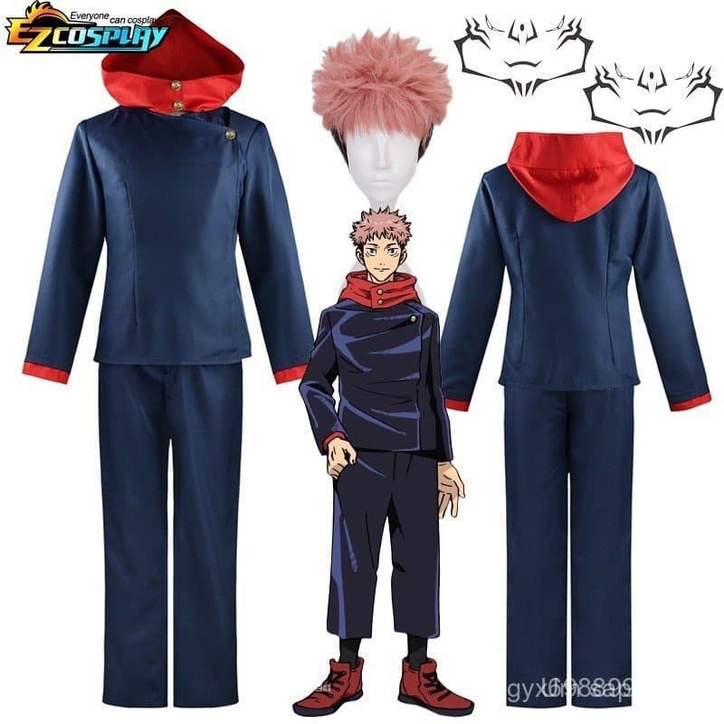 Cosplay de Itadori Yuji, Fantasia de Anime Jujutsu Kaisen, Peruca, Uniforme, Tatuagem de Halloween Grátis 7462 LPKK 3941