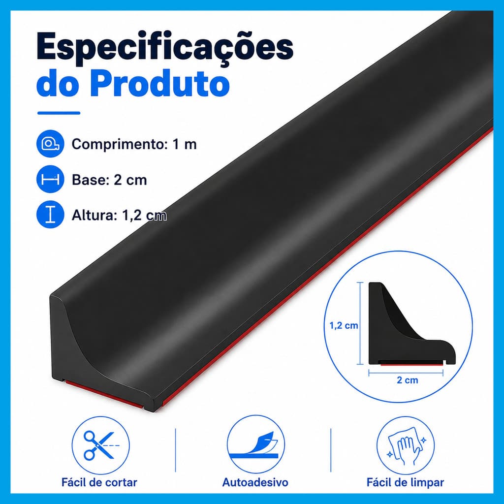 Veda Água para Box Banheiro 1m Preto Perfil L Autoadesivo TPE Flexível para Piso, Pia, Bancada e Banheira