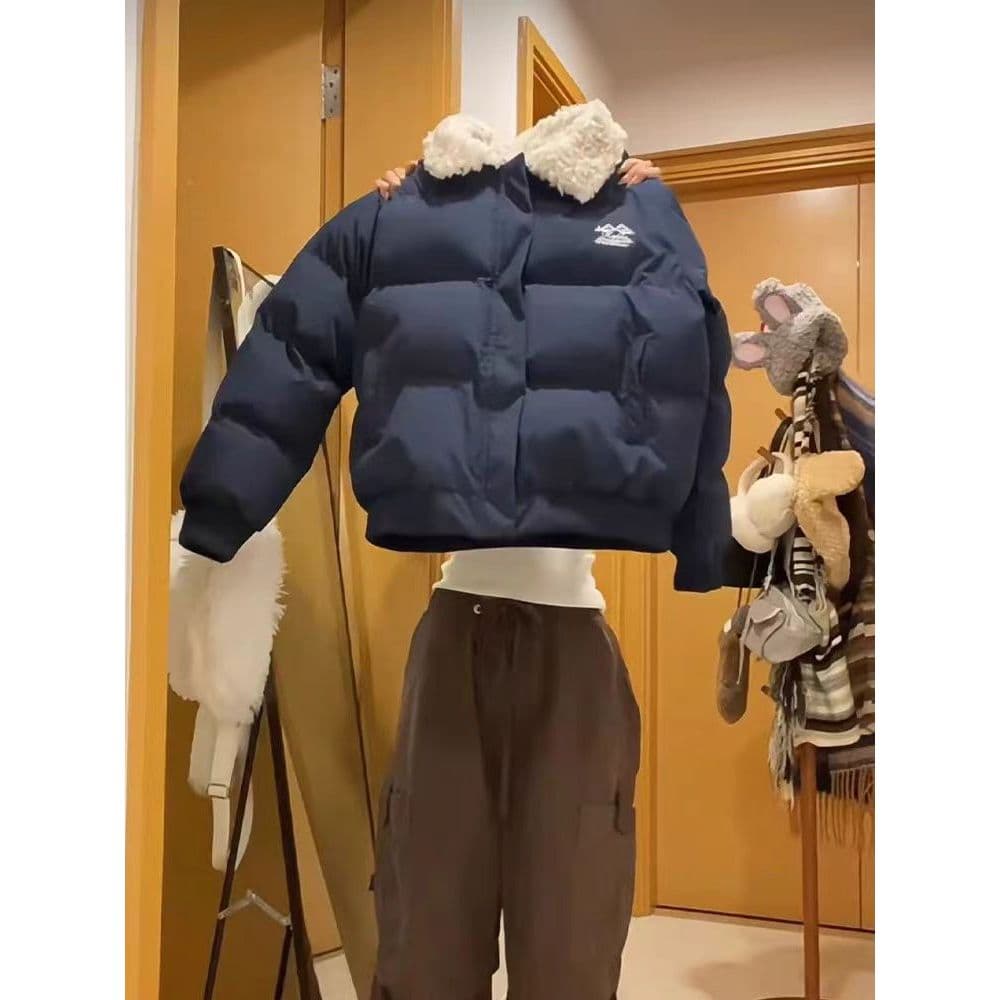Americano Retro curto acolchoado jaqueta feminina 2025 novo estilo inverno High-End engrossado estudante lã de cordeiro