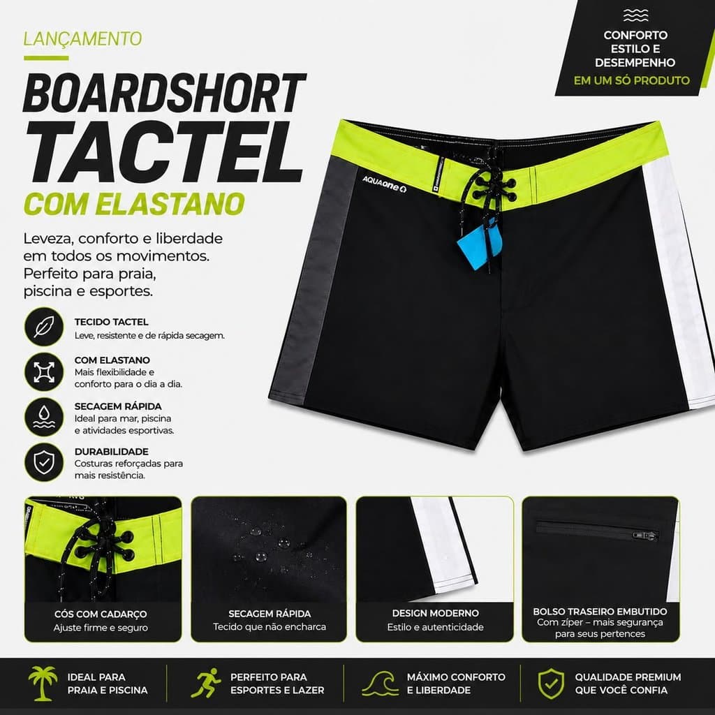 Boardshort Tactel com Elastano - 15’’ Polegadas -Tridente - 27/46