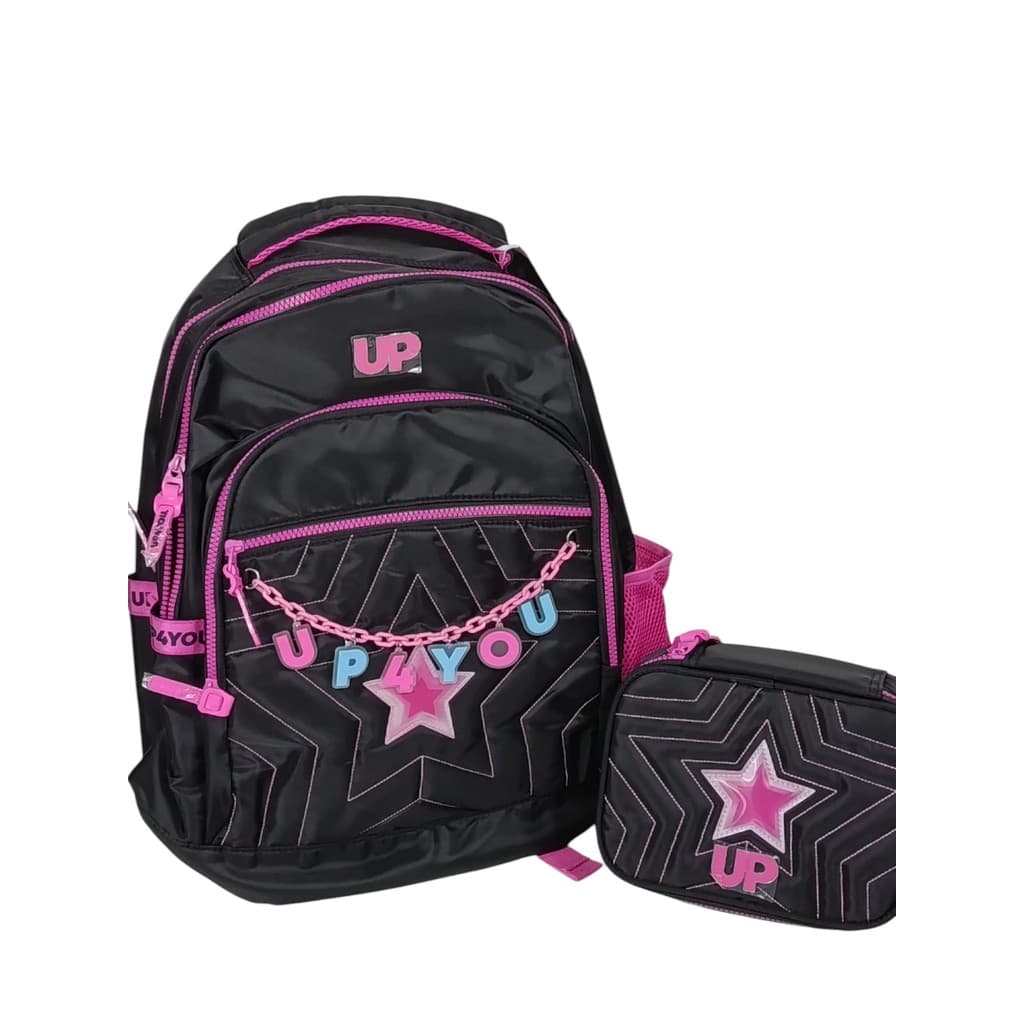 Kit Mochila Escolar e estojo UP Preta Feminina Costas