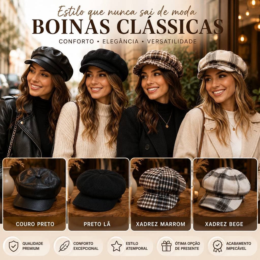 Boina Feminina Francesa Vintage Xadrez Lisa Couro Moda Inverno Elegante Casual