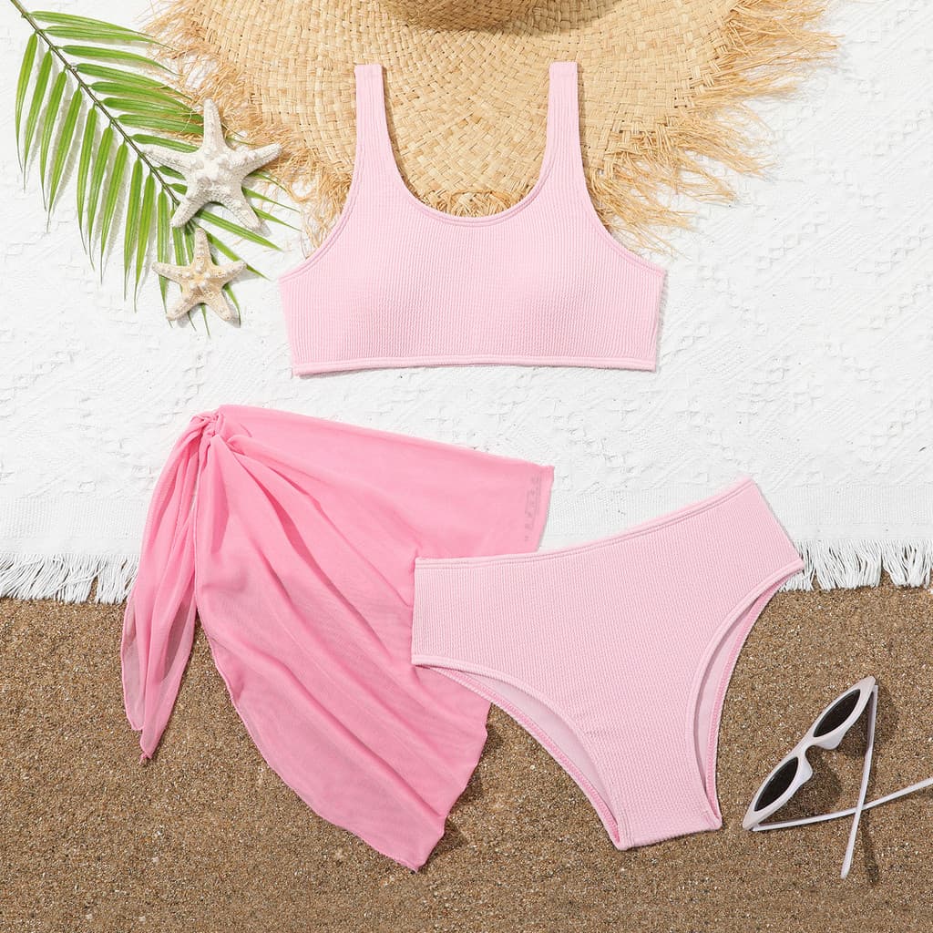 Meninas Crianças Maiô 2026 Novo Biquíni Rosa Roupa De Banho Verão Saia Curta 3 Peça Praia Trajes