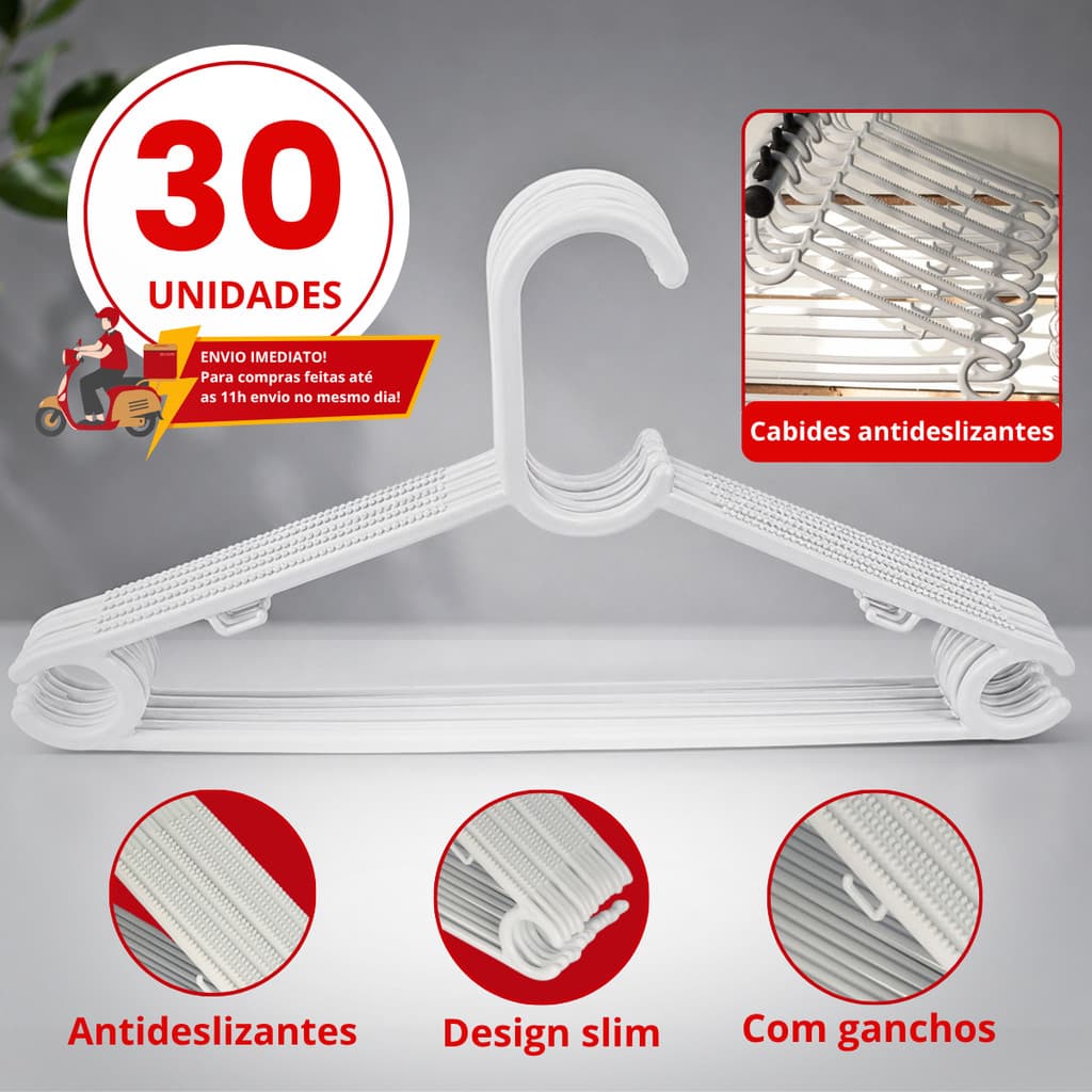 Kit 30 Cabides Premium Branco Antideslizante Com Cava Atacado Resistentes Organizador