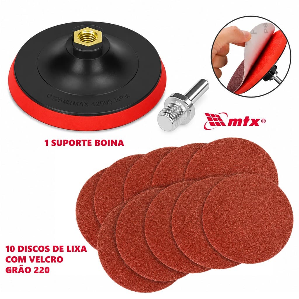 Kit Suporte Boina Velcro 125mm + 10 Discos Lixa Velcro MTX Furadeira Grão 220