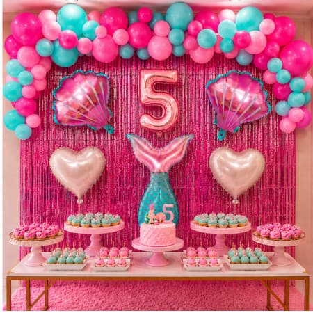 Kit Festa Sereia Completo Cortina Metalizada Rosa Balão Número Decoração Aniversário festa