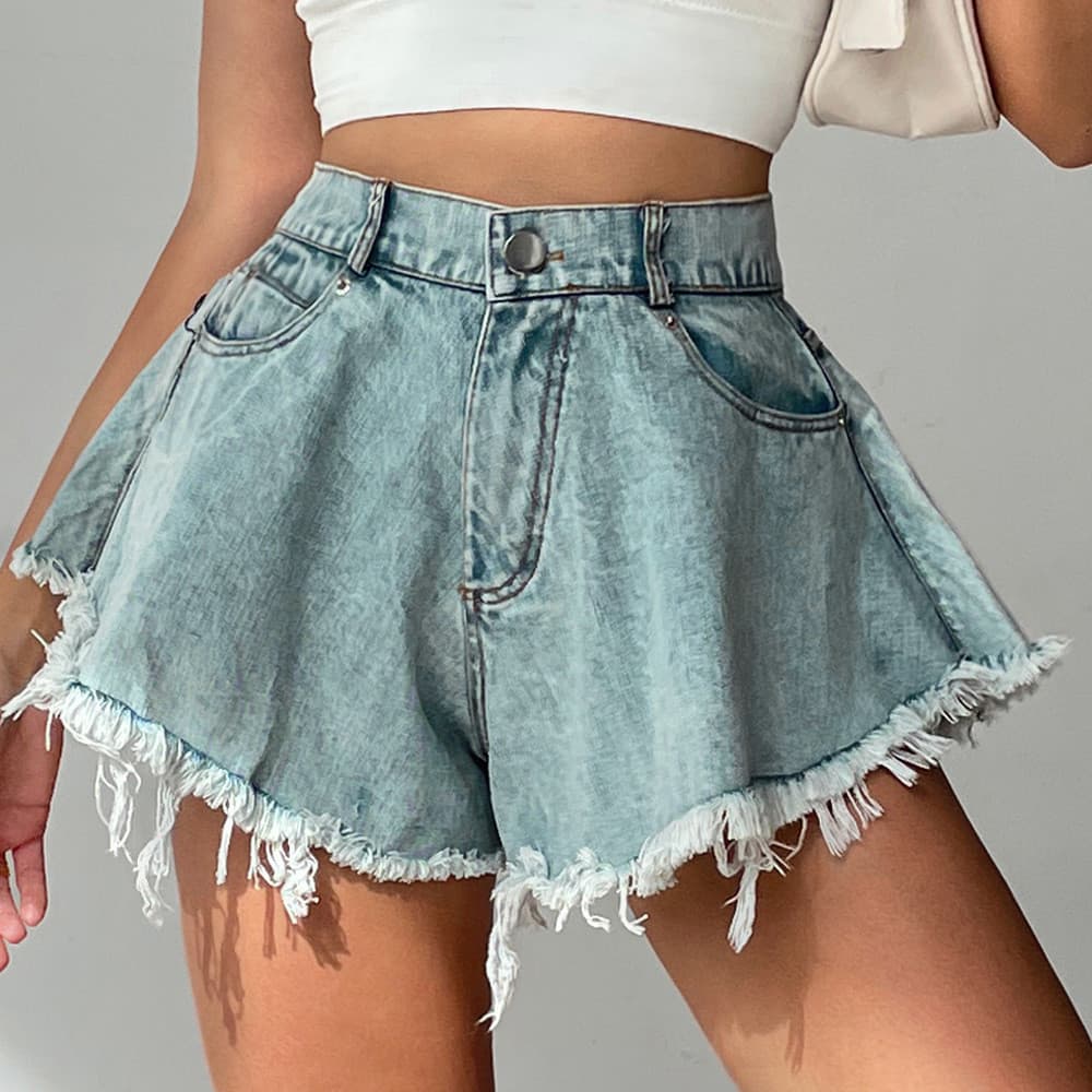 6010 # Novos shorts jeans femininos rasgados, de cintura alta, soltos e com franjas, no estilo europeu e americano.
