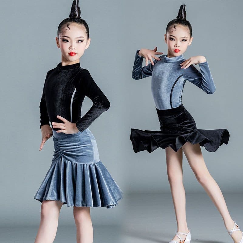 [WDF] Tecido de veludo para meninas, manga comprida, gola alta, aparência mais fina, traje de dança latina, regulamentos