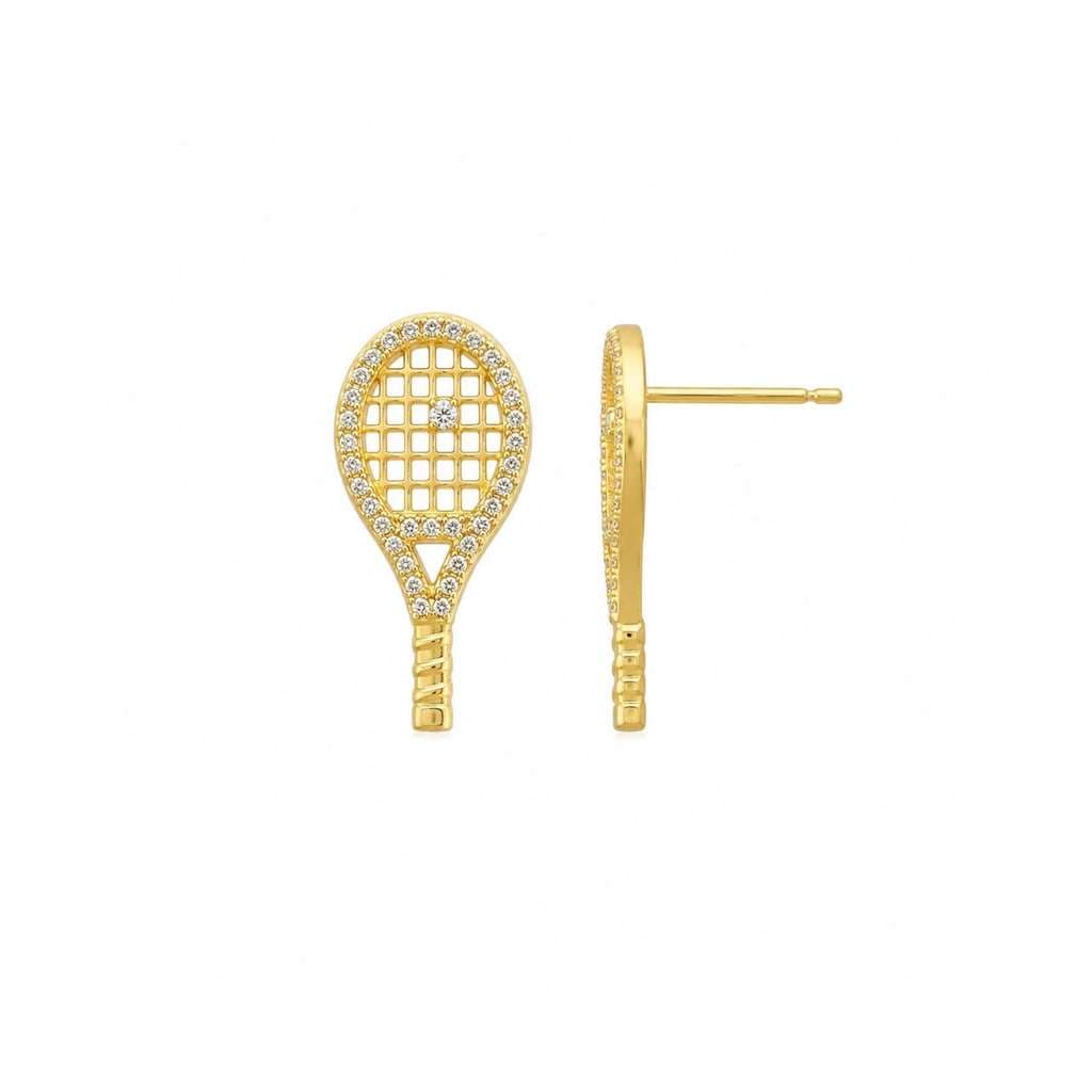 Brinco Raquete Beach Tennis de Zirconias Folheado em Ouro 18k