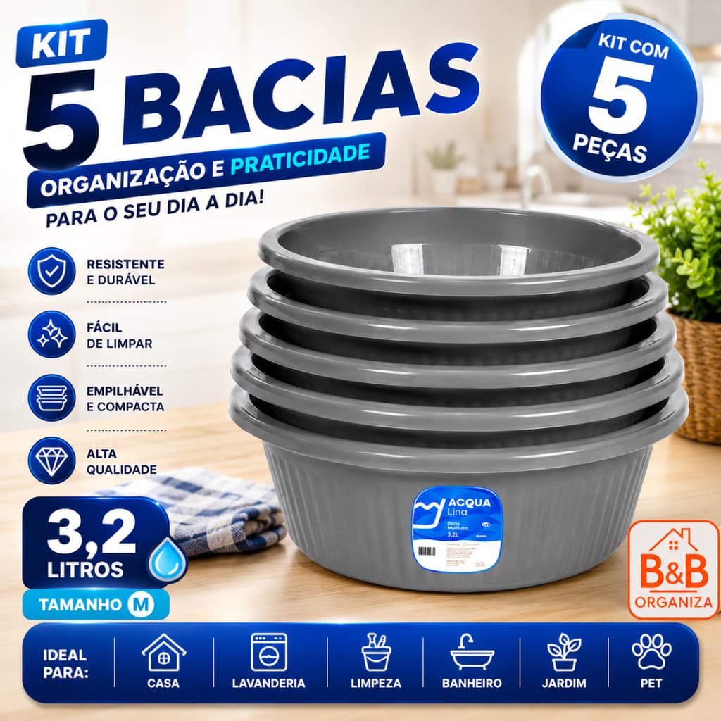 Kit 5 Bacias Média 3,2L Plástico Multiuso Canelada Resistente Para Lavar Verduras Frutas Roupas e Limpeza