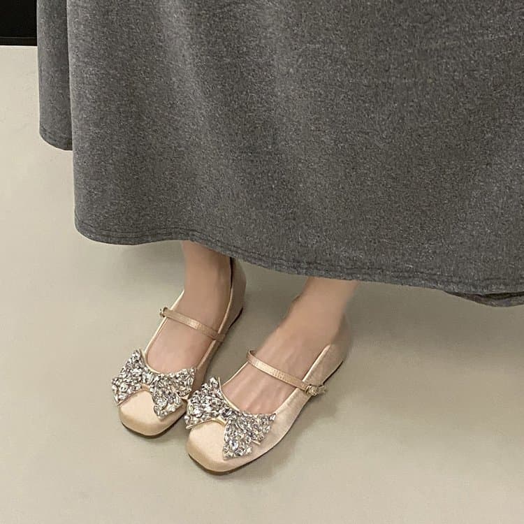Dedo do pé quadrado salto baixo (menor de 3cm) boca rasa cetim fivela plana estilo fada arco strass Mary Jane Ballet sap