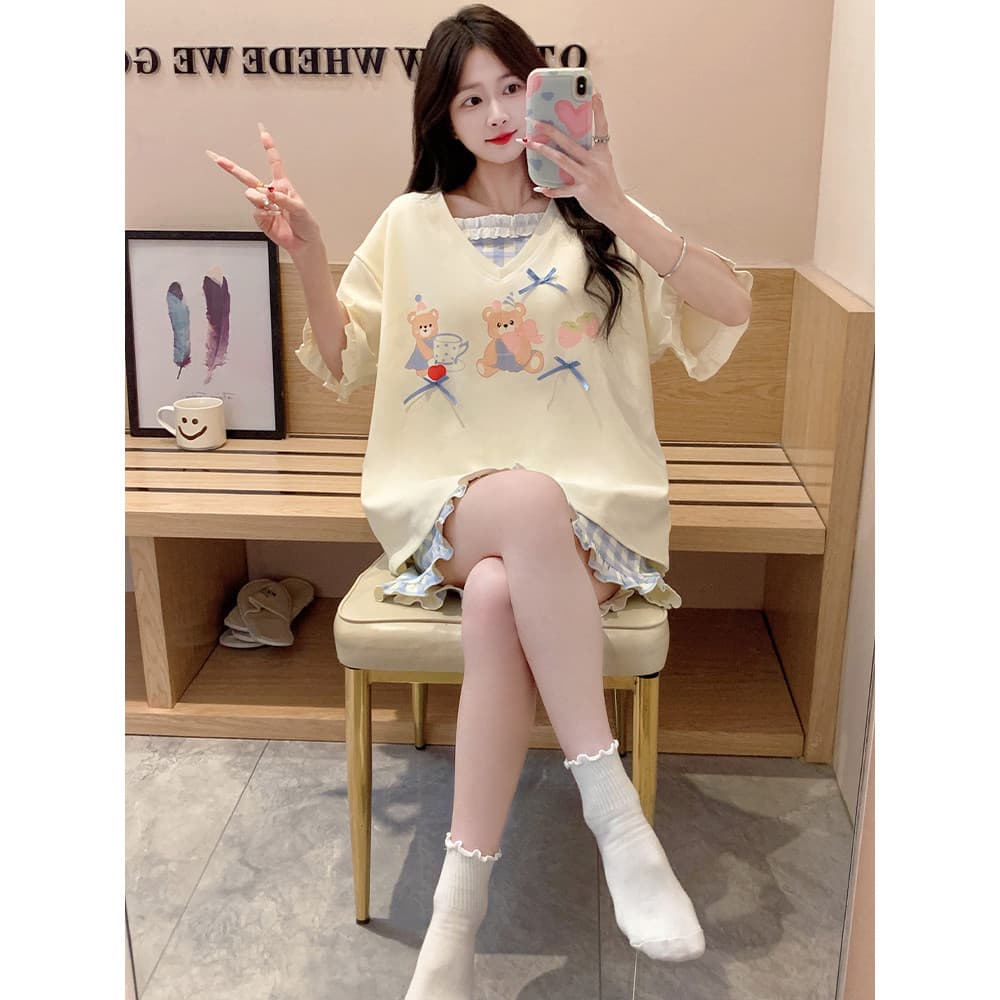 Pijamas femininos verão doce bonito xadrez Shorts de manga curta verão estilo fino pode usar fora do terno Homewear da m