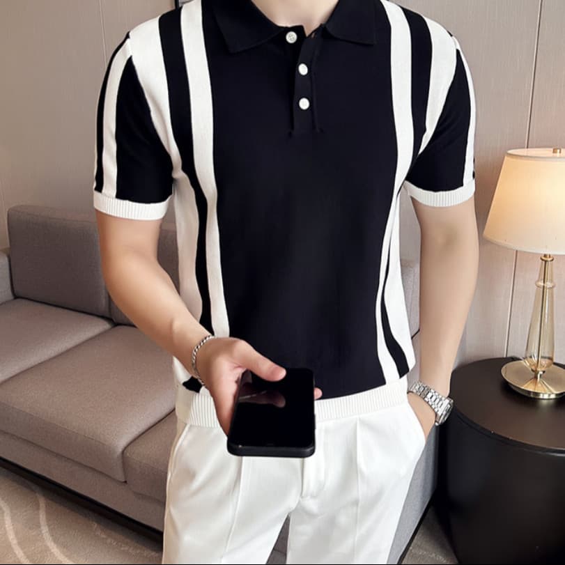 Camisa Polo listrada básica transfronteiriça, botões invisíveis, confortável, cria luz preguiçosa, sensação madura