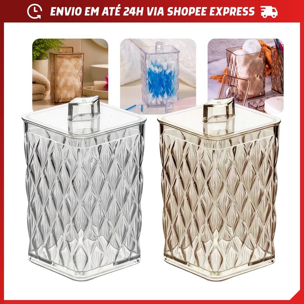 Porta Algodão Cotonete 285ml Linha Cristal Facetado Poliestireno Resistente BPA Free